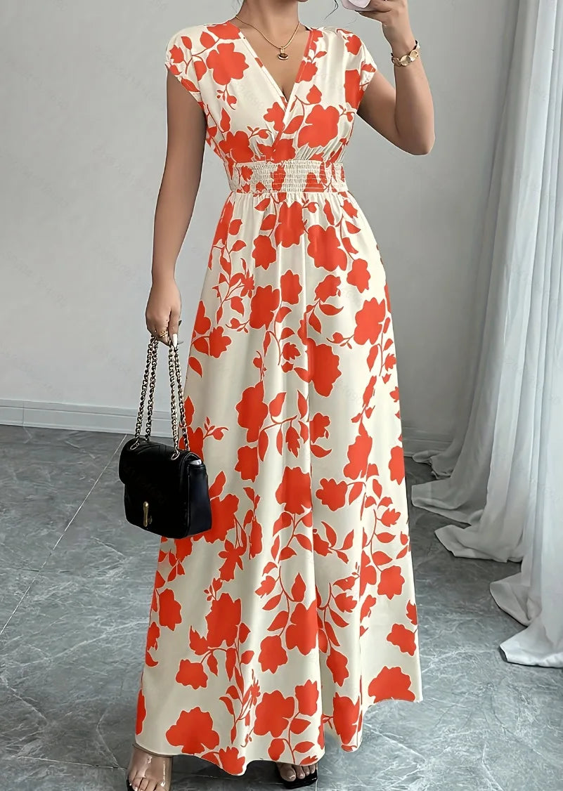 Women's Floral Maxi Dress – V-Neck Smocked Waist Summer Dress