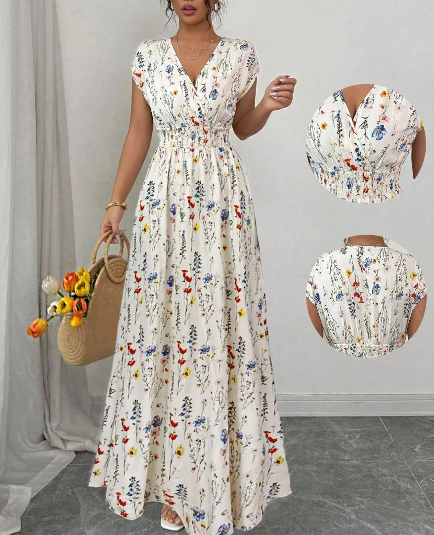 Women's Floral Maxi Dress – V-Neck Smocked Waist Summer Dress