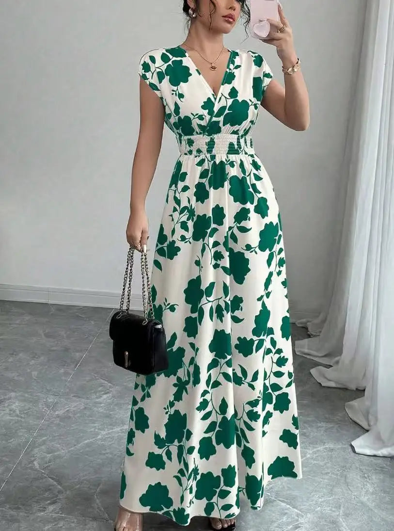 Women's Floral Maxi Dress – V-Neck Smocked Waist Summer Dress