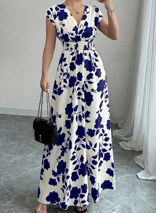 Women's Floral Maxi Dress – V-Neck Smocked Waist Summer Dress