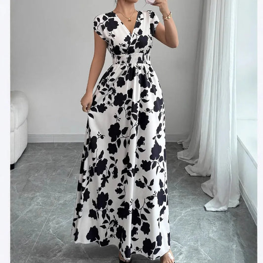 Women's Floral Maxi Dress – V-Neck Smocked Waist Summer Dress