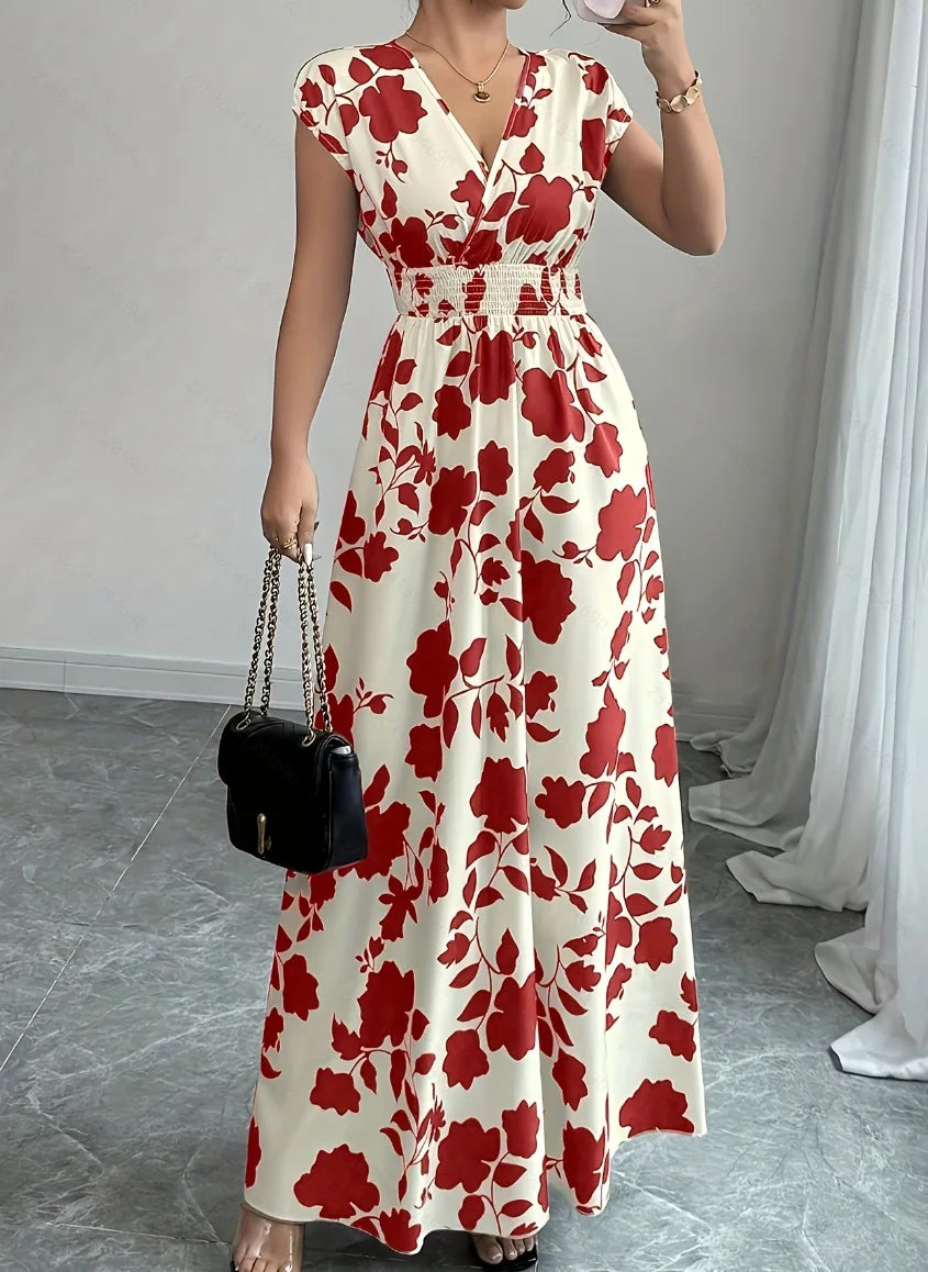 Women's Floral Maxi Dress – V-Neck Smocked Waist Summer Dress
