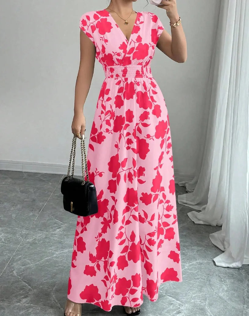 Women's Floral Maxi Dress – V-Neck Smocked Waist Summer Dress